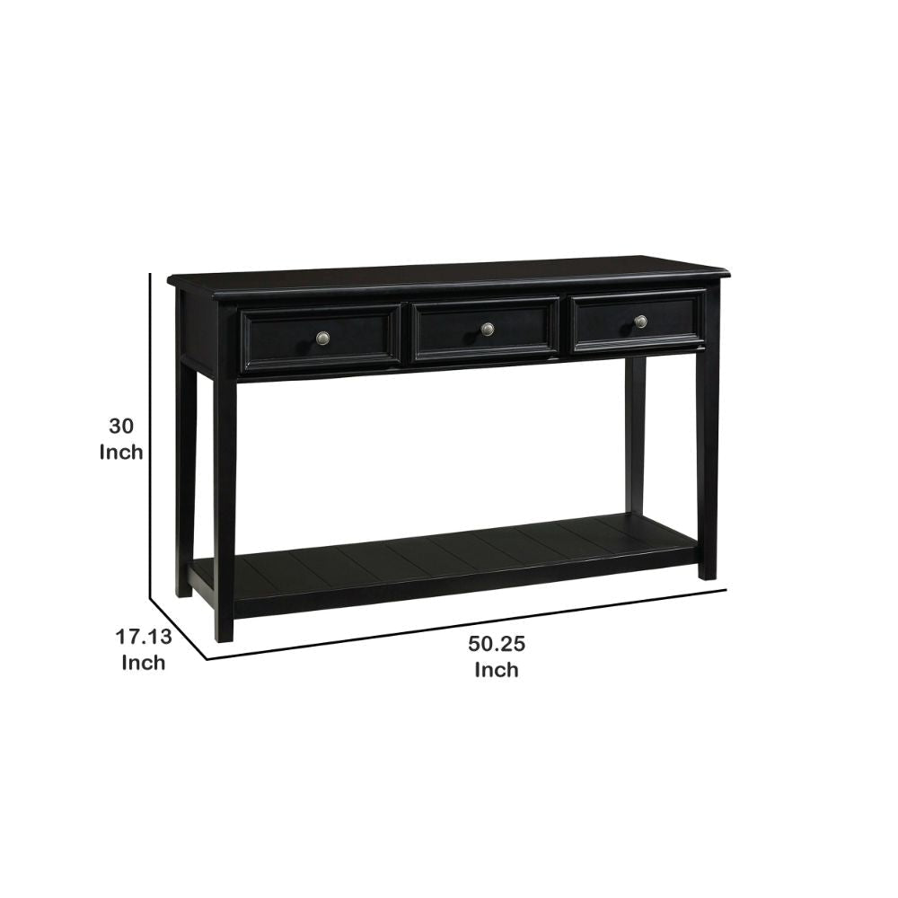 Billy 50 Inch Sofa Console Table 3 Drawers and Plank Style Shelf Black By Casagear Home BM293989