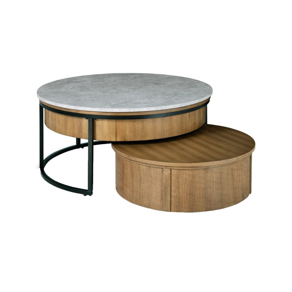 36 Inch 2 Piece Round Nesting Coffee Table, Lift Top Storage, Wheels, Brown By Casagear Home