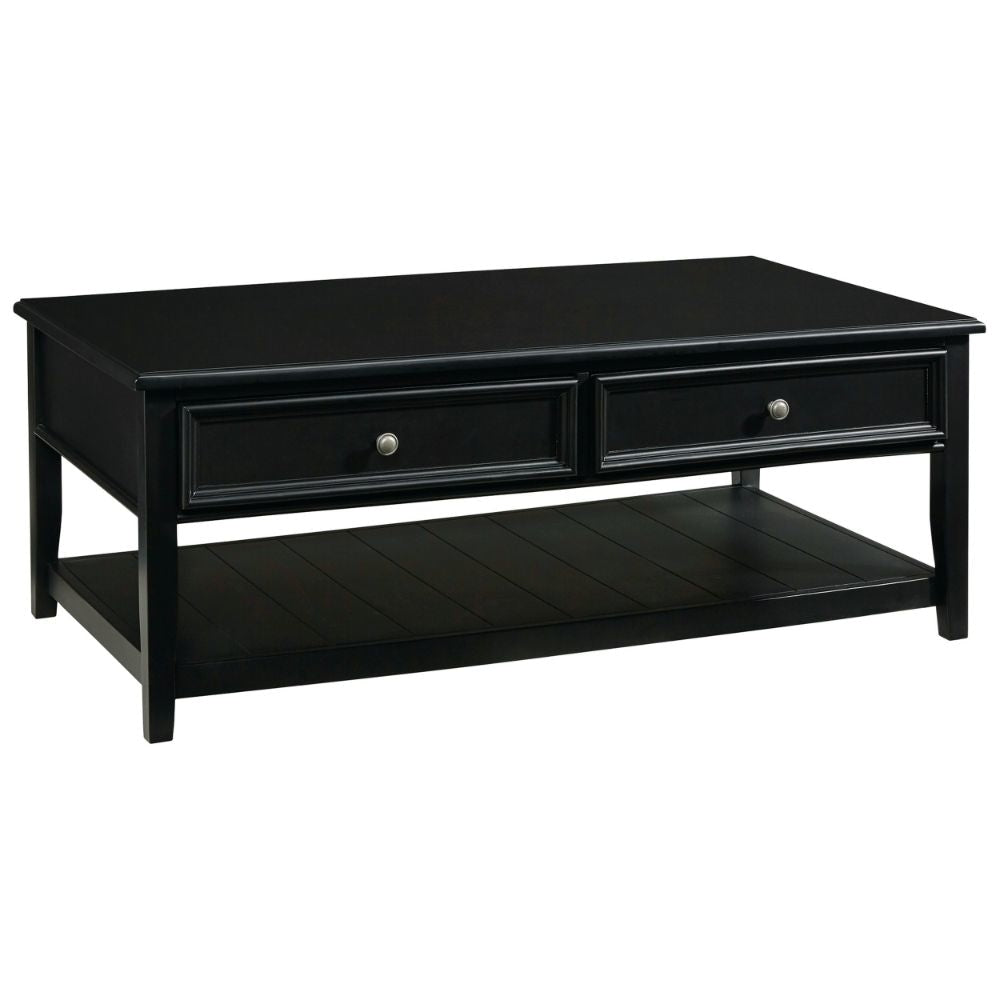 Billy 50 Inch Rectangular Coffee Table, 2 Drawers, Plank Style Shelf, Black By Casagear Home