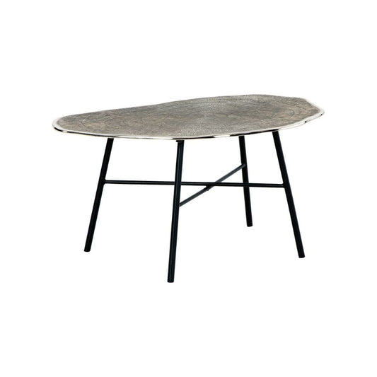 35 Inch Artisan Coffee Table, Abstract Shape Tabletop, Silver, Black By Casagear Home
