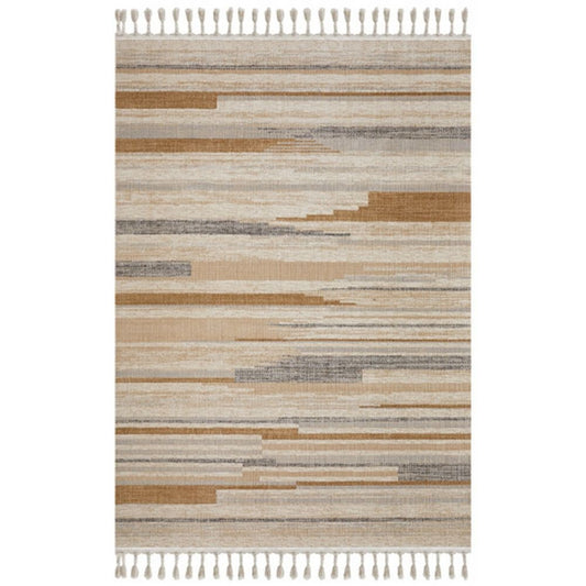 Mac 8 x 10 Area Rug, Retro Brown and Cream Polyester Lines, Braided Tassles By Casagear Home