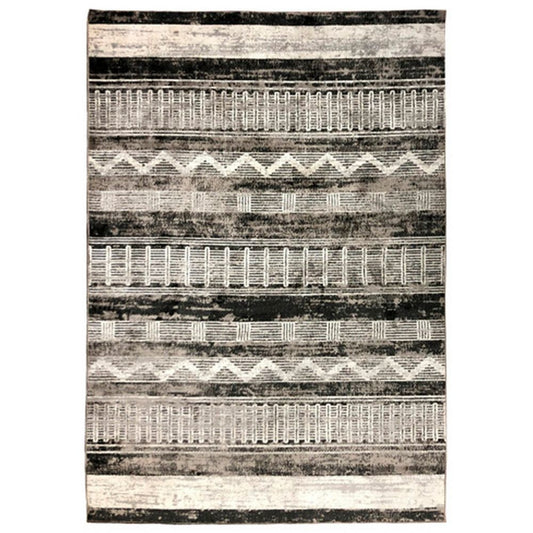 Chia 5 x 7 Area Rug, Woven Tribal Design, Cream and Black Polyester Fabric By Casagear Home