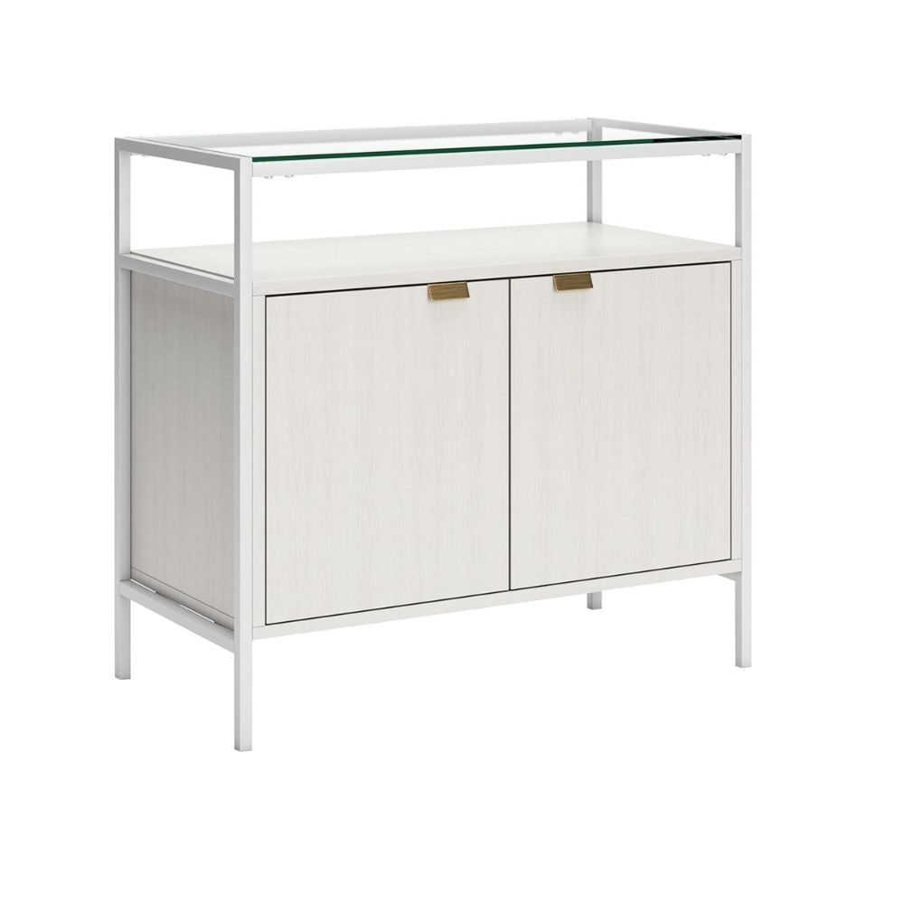 Deni 32 Inch Small Sideboard Bookcase, One Shelf and 2 Doors, Classic White By Casagear Home