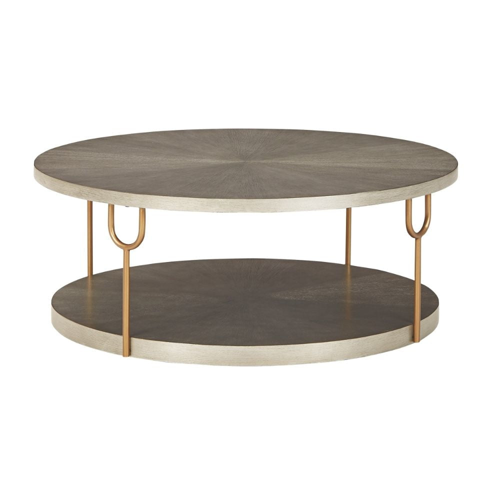Modern 42 Inch Coffee Table, Ash Veneer, Metal Frame and Wheels, Gold, Gray By Casagear Home