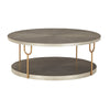 Modern 42 Inch Coffee Table, Ash Veneer, Metal Frame and Wheels, Gold, Gray By Casagear Home