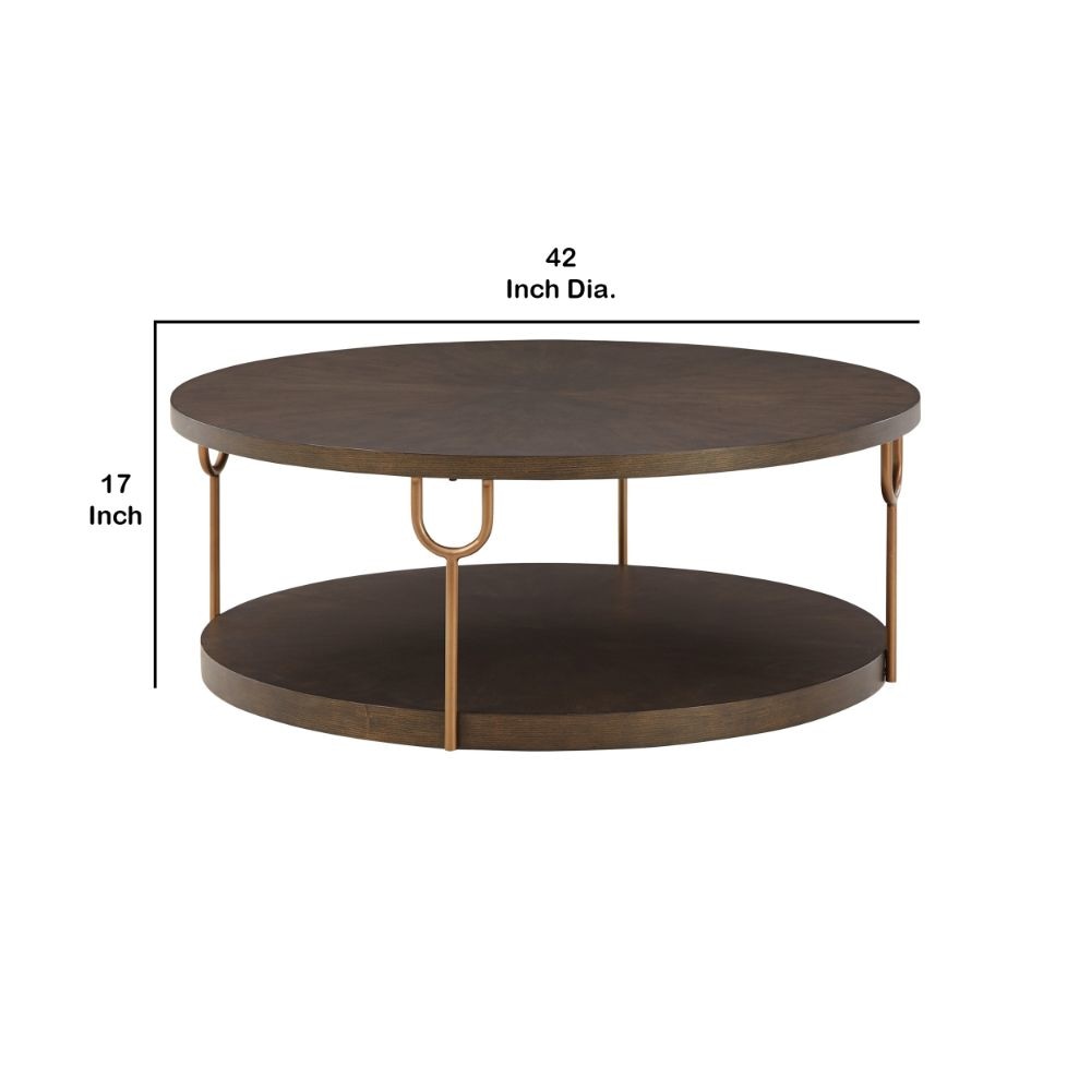 Modern 42 Inch Coffee Table Ash Veneer Metal Frame Wheels Gold Brown By Casagear Home BM294085