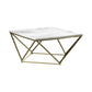 36 Inch Modern Square Coffee Table, White Faux Marble Top, Slender Gold Base By Casagear Home