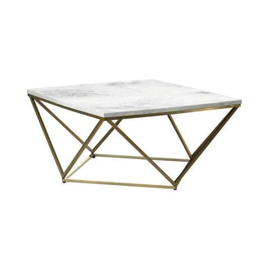 36 Inch Modern Square Coffee Table, White Faux Marble Top, Slender Gold Base By Casagear Home