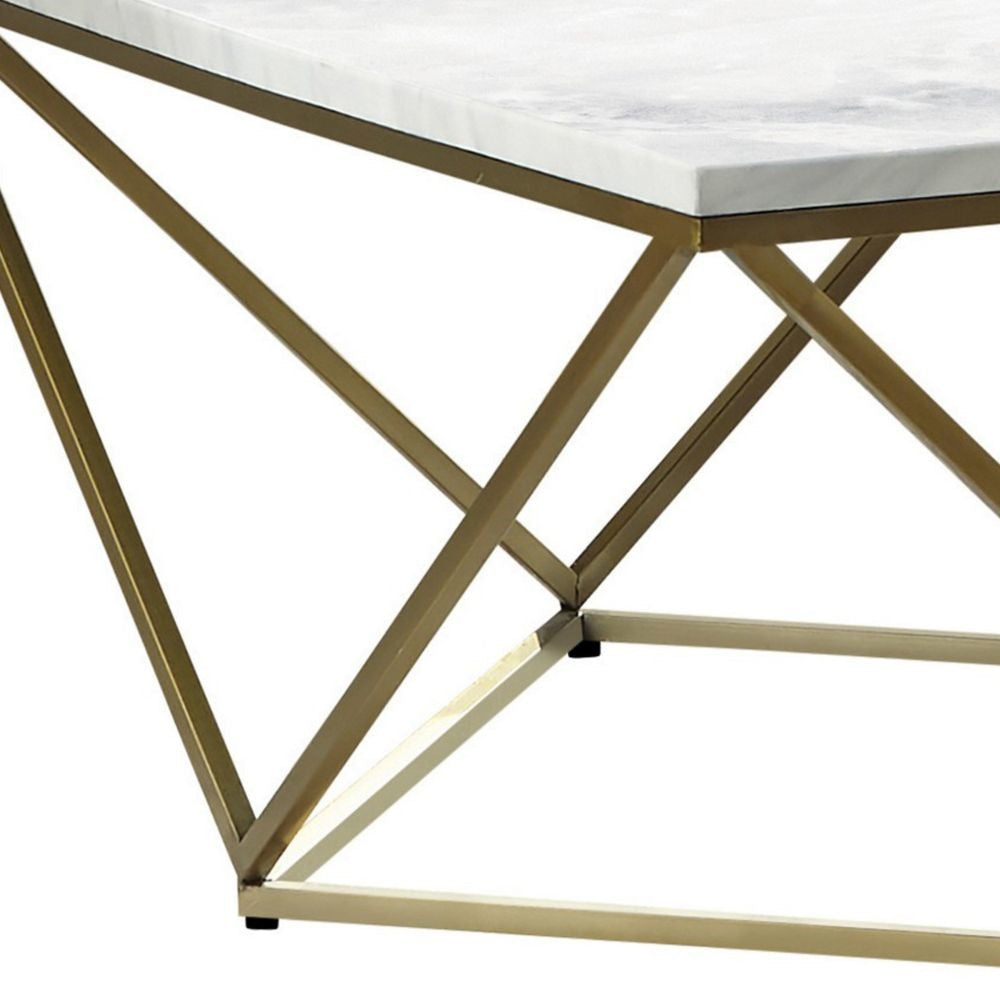 36 Inch Modern Square Coffee Table White Faux Marble Top Slender Gold Base By Casagear Home BM294154