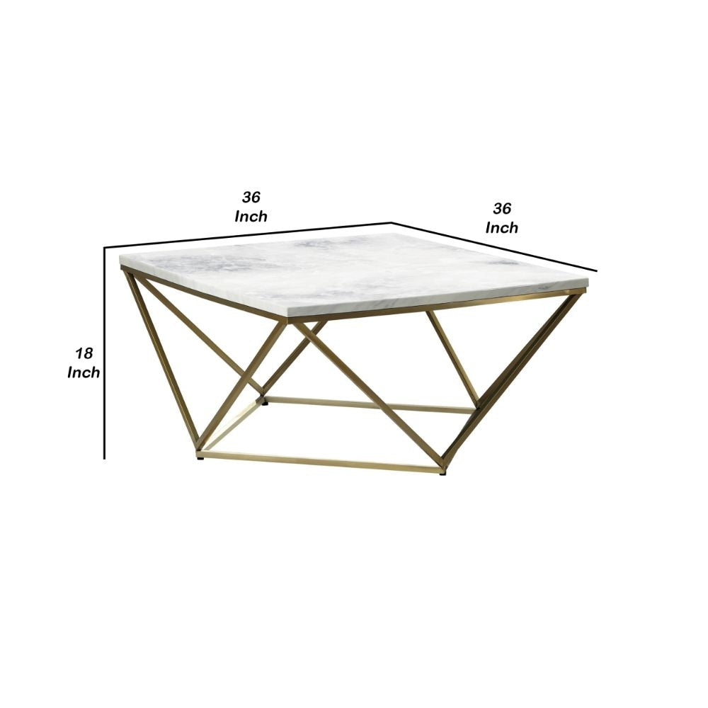 36 Inch Modern Square Coffee Table White Faux Marble Top Slender Gold Base By Casagear Home BM294154