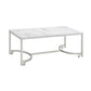 46 Inch Coffee Table, Faux Marble Surface, Silver Finished Geometric Base By Casagear Home
