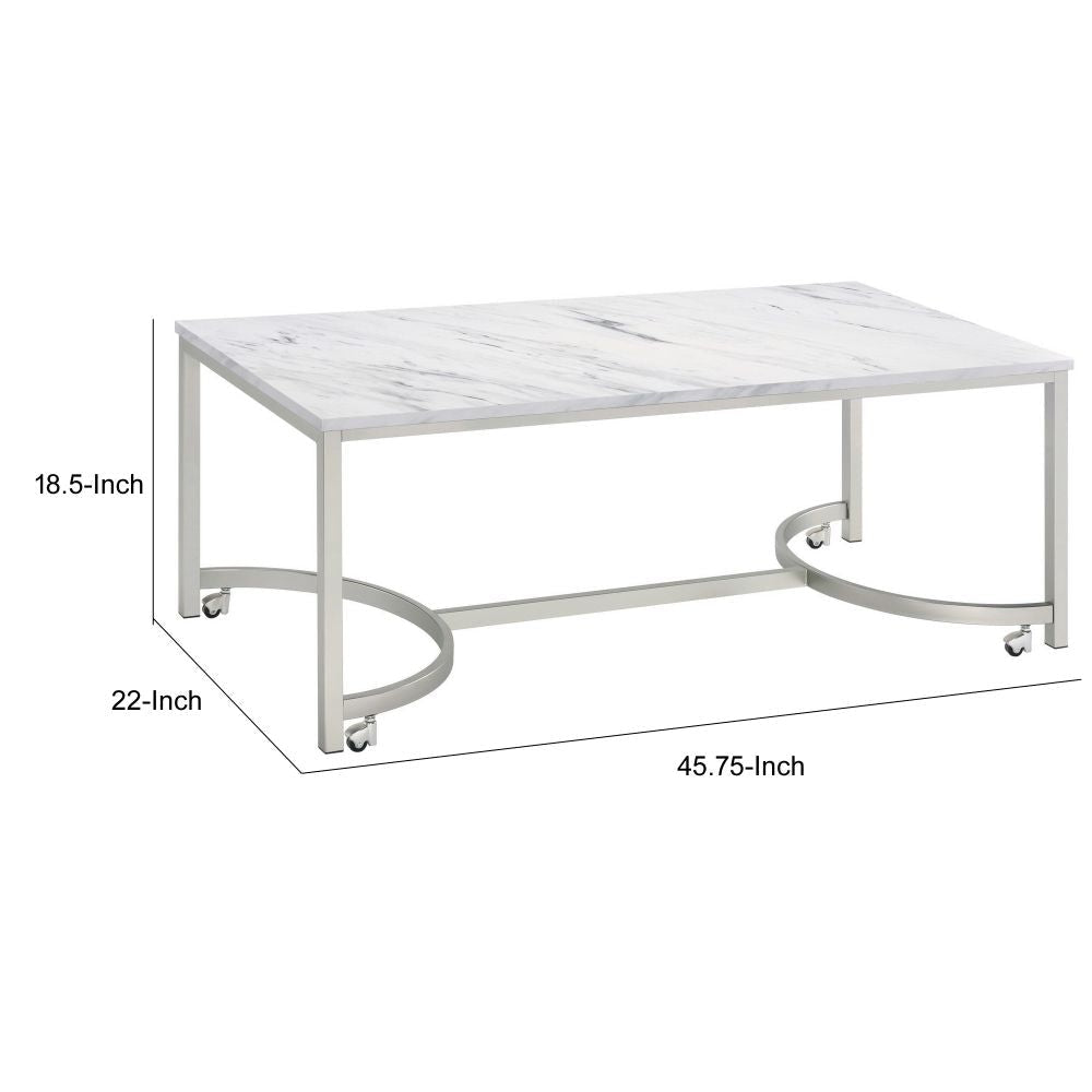 46 Inch Coffee Table Faux Marble Surface Silver Finished Geometric Base By Casagear Home BM294179