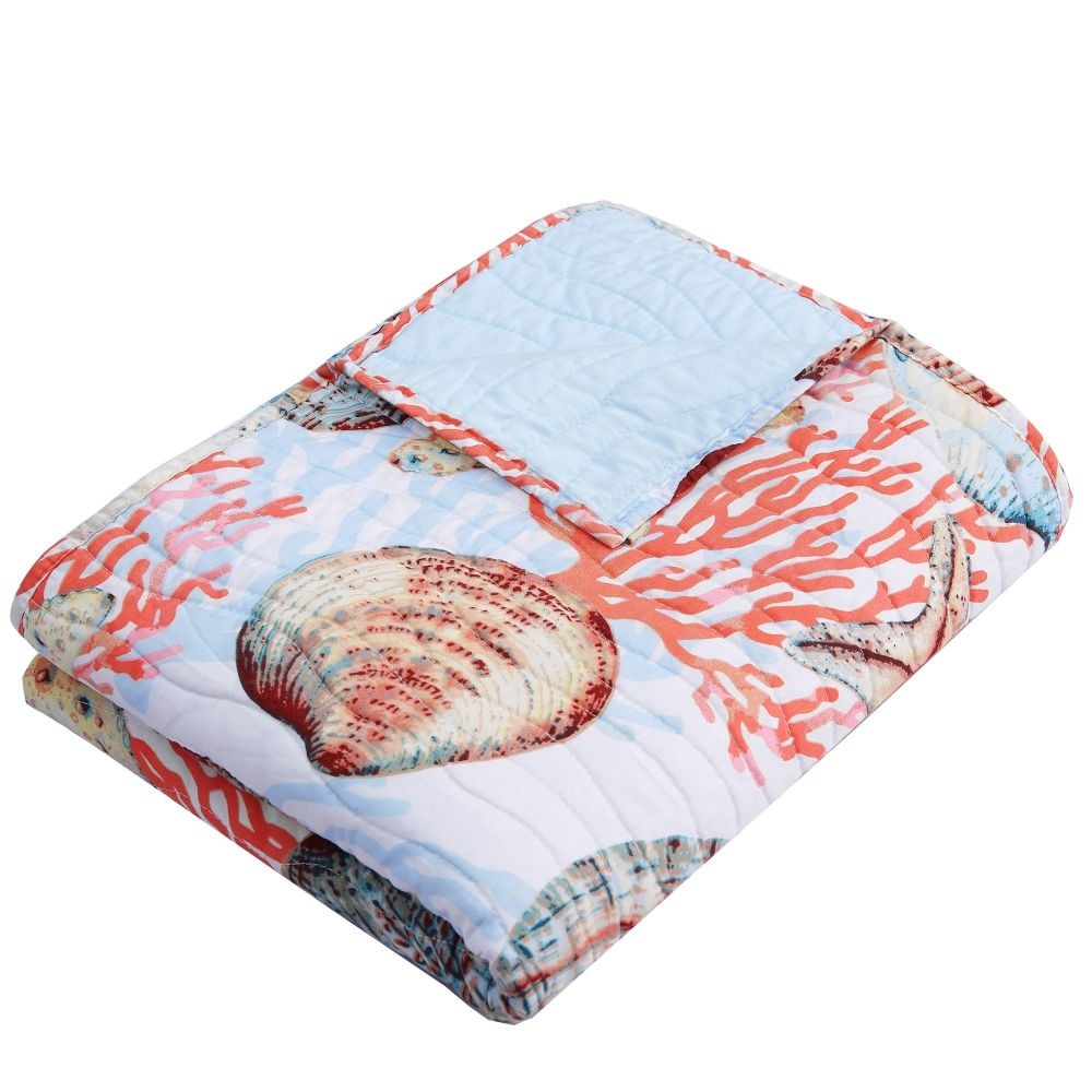 Gul 60 Inch Throw Blanket Coastal Shell Print Blue Microfiber Fabric By Casagear Home BM294284