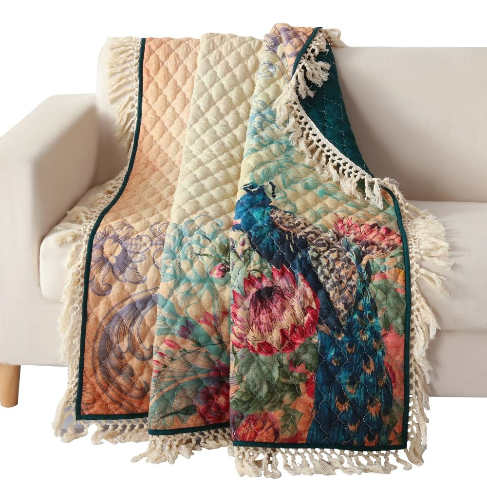 Ufa Throw Blanket | 60" | Peacock Floral | Quilted Blue Microfiber