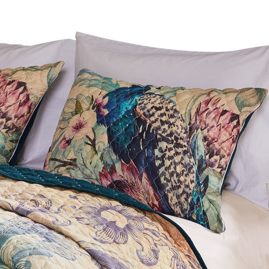 Ufa 36 Inch Quilted King Pillow Sham, Peacock Print, Vermicelli Stitching By Casagear Home
