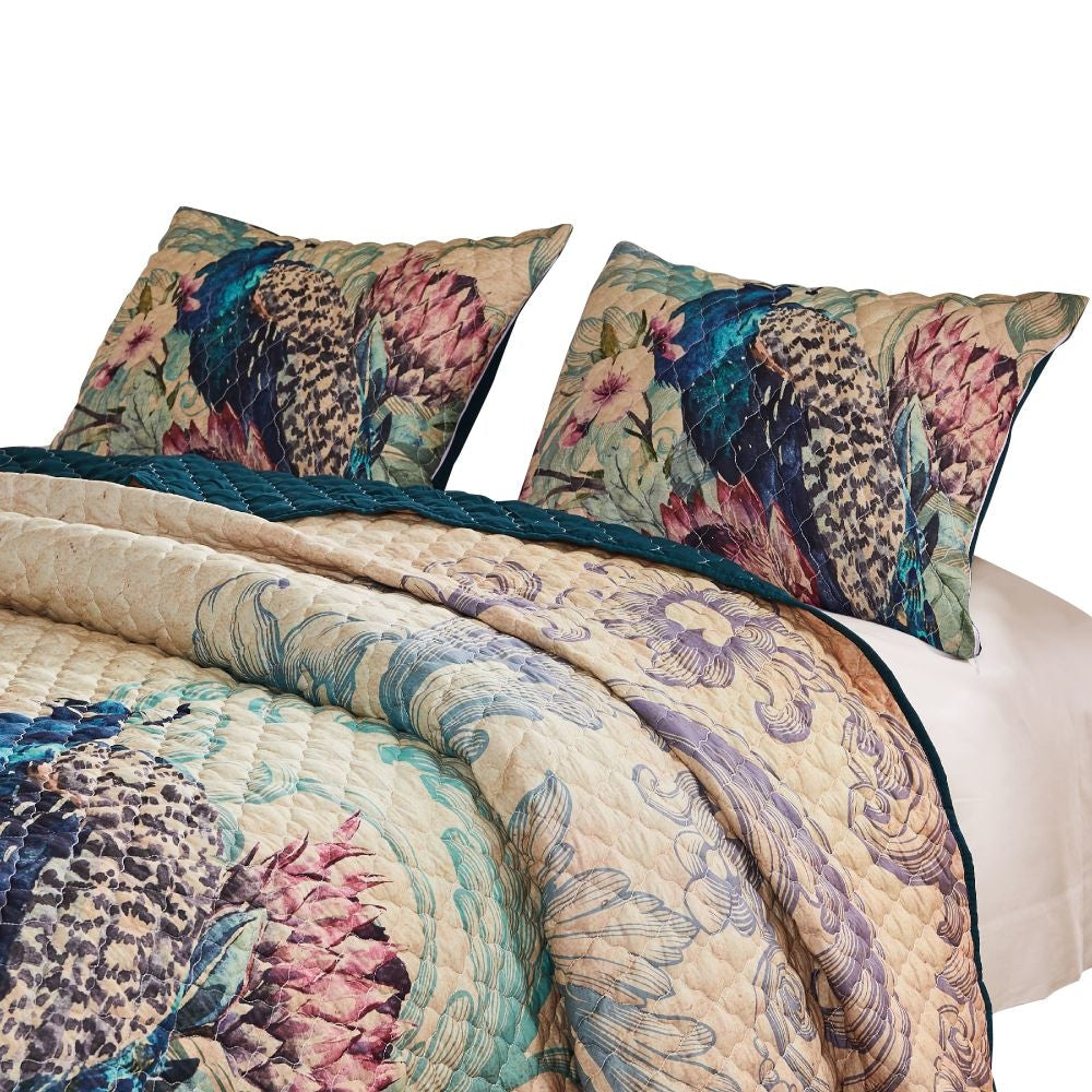 Ufa 36 Inch Quilted King Pillow Sham Peacock Print Vermicelli Stitching By Casagear Home BM294299