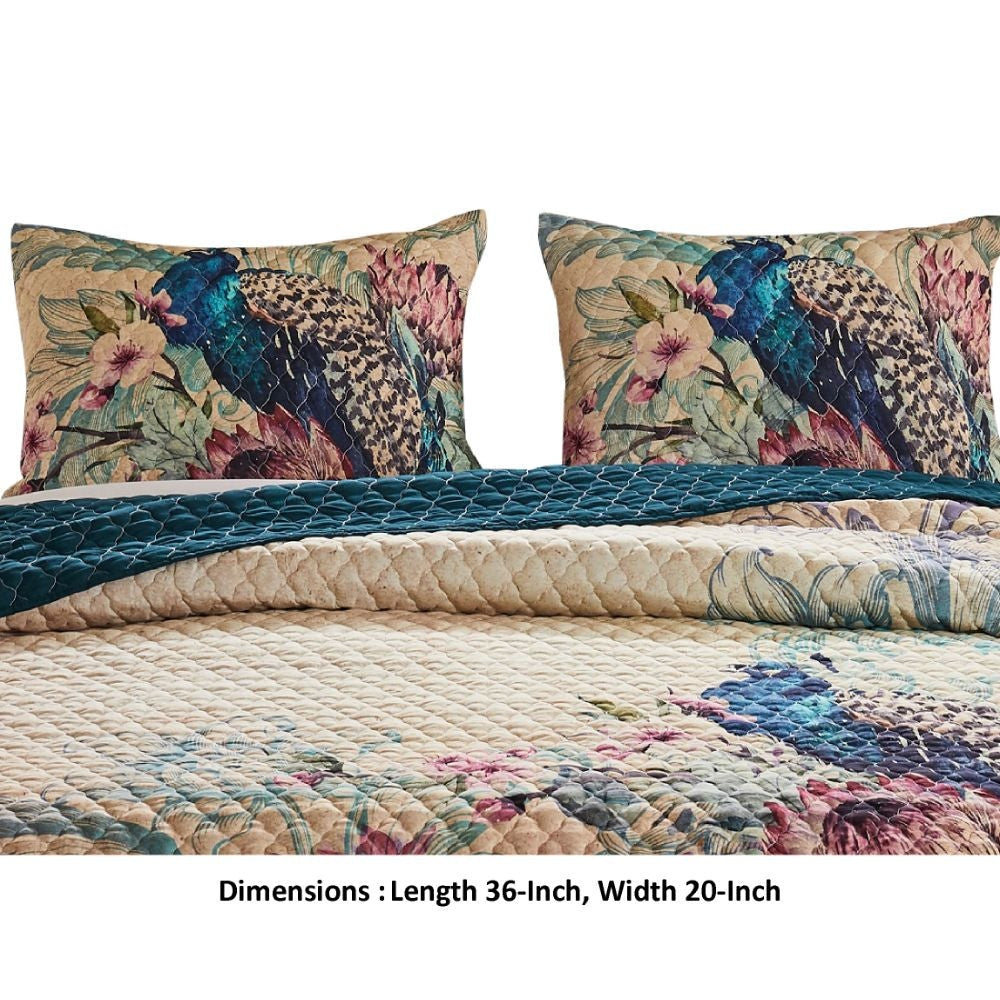 Ufa 36 Inch Quilted King Pillow Sham Peacock Print Vermicelli Stitching By Casagear Home BM294299