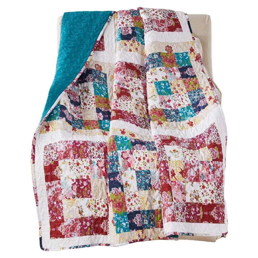 Zay 60 Inch Throw Blanket, Patchwork Floral Print, Teal Blue Microfiber By Casagear Home
