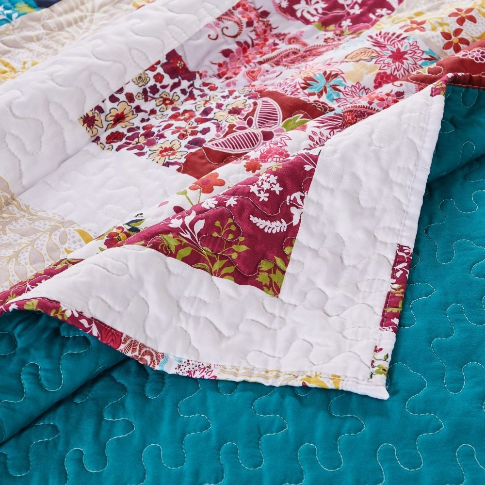 Zay 60 Inch Throw Blanket Patchwork Floral Print Teal Blue Microfiber By Casagear Home BM294309
