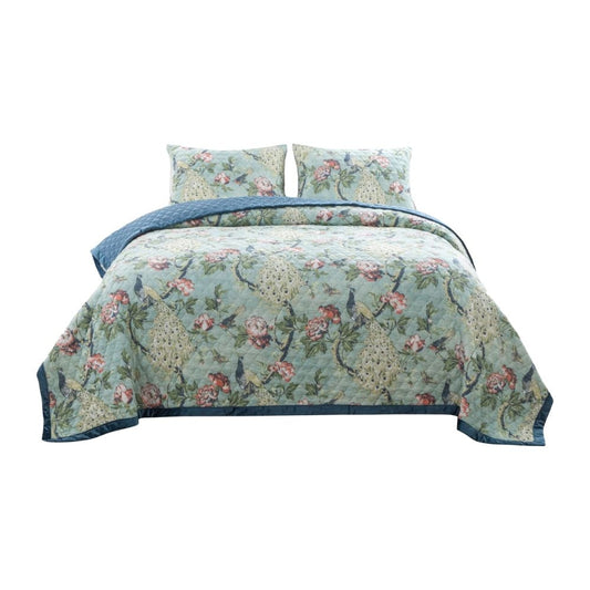 Eden Quilt Set | 3 Piece Queen | Songbirds & Peacock | Green