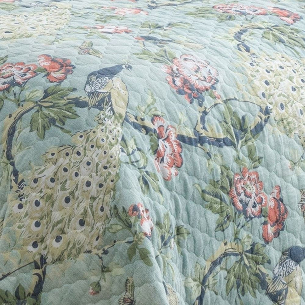 Eden 3 Piece Queen Quilt Set Peacock and Songbirds Light Green Microfiber By Casagear Home BM294314