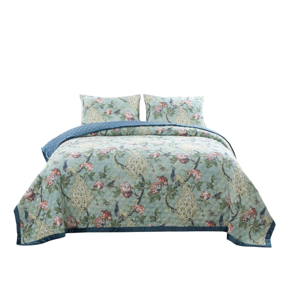Eden Quilt Set | 3 Piece King | Peacock Print | Green Microfiber