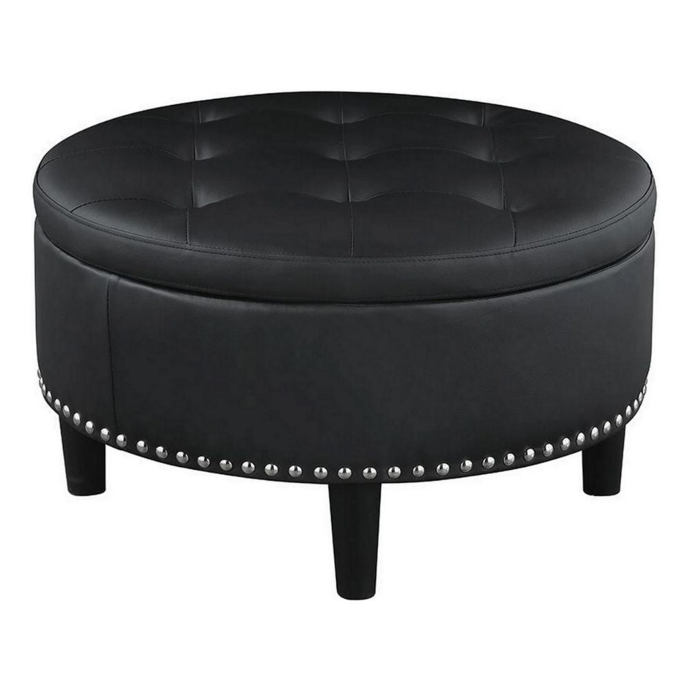 30 Inch Round Storage Ottoman, Black Vegan Faux Leather, Button Tufted By Casagear Home