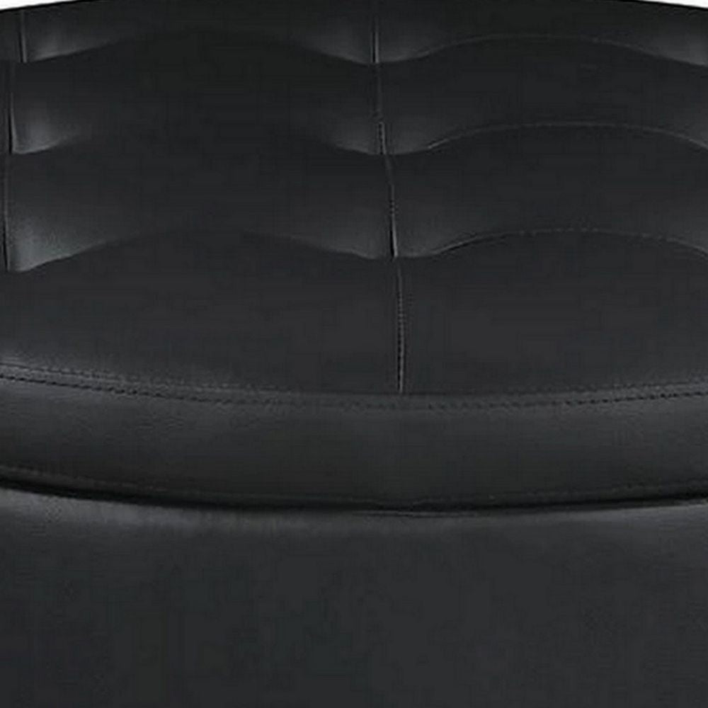 30 Inch Round Storage Ottoman Black Vegan Faux Leather Button Tufted By Casagear Home BM294800
