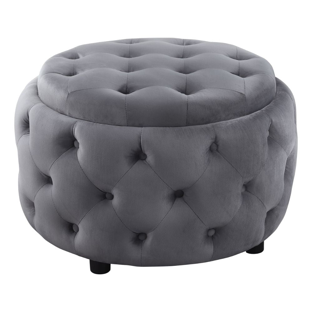 Lina 28 Inch Round Ottoman, Storage Area, Smooth Gray Vegan Faux Leather By Casagear Home