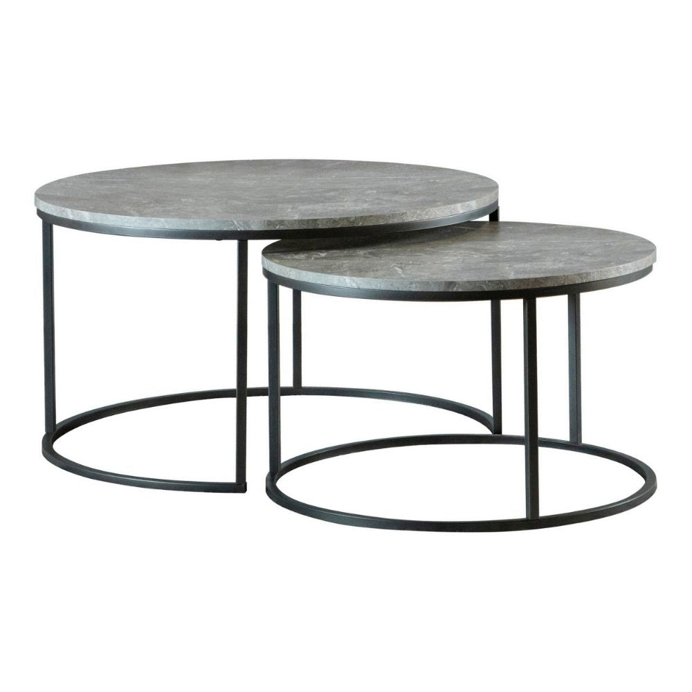 35 Inch 2 Piece Nesting Coffee Table Set, Round Gray Faux Marble Tabletop By Casagear Home