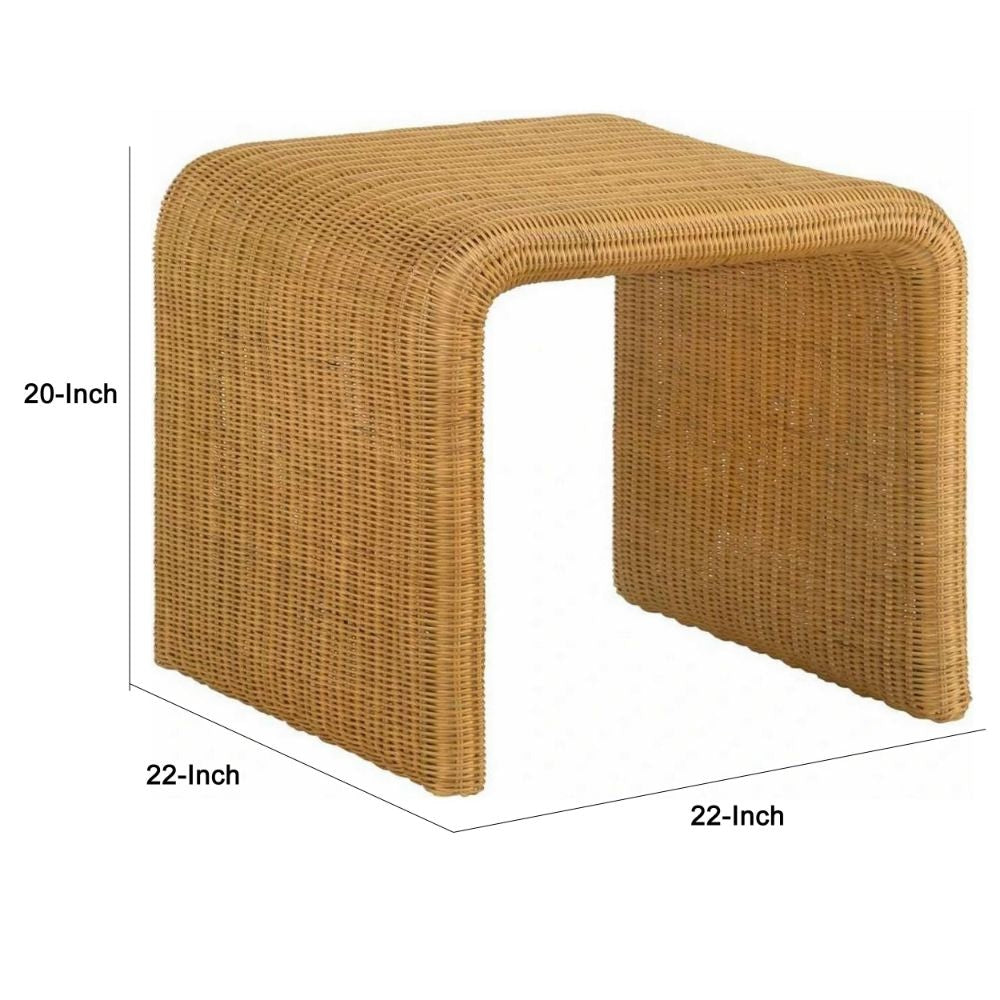 22 Inch Side End Table Woven Rattan Frame Waterfall Edges Square Surface By Casagear Home BM294823