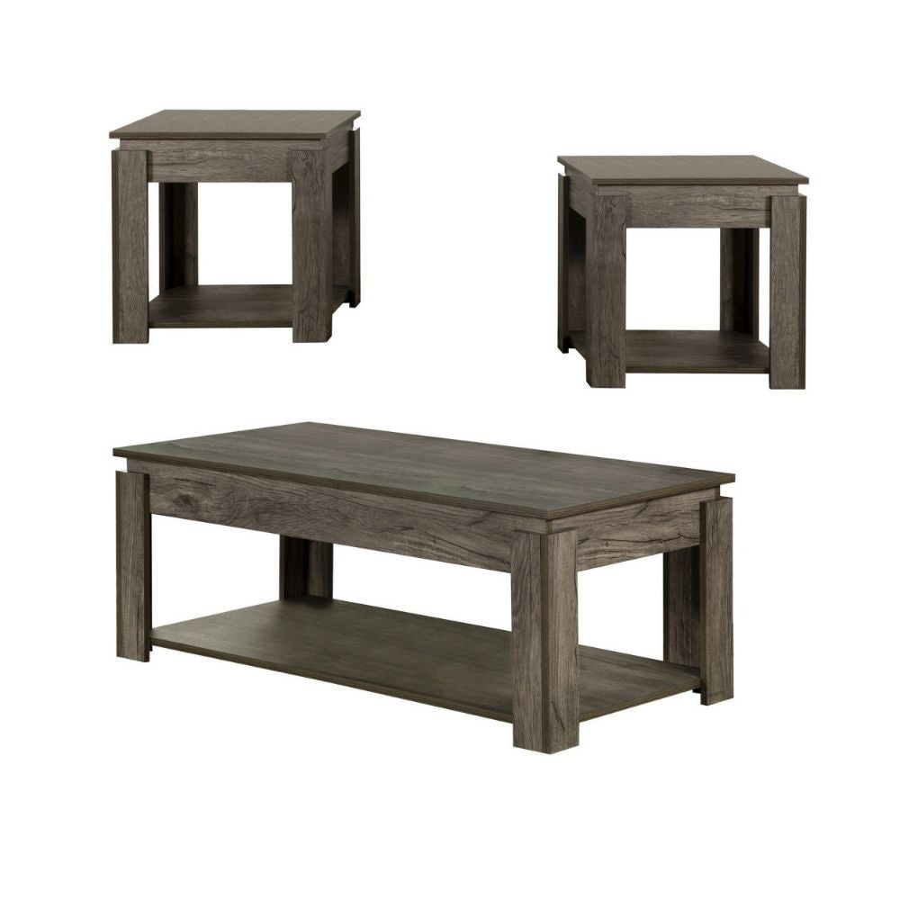 3 Piece Coffee Table and End Table Set with Raised Tops, Weathered Gray By Casagear Home