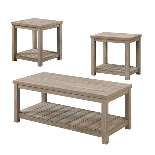 3 Piece Rectangular Coffee and Square End Table Set, Slatted, Gray Beige By Casagear Home