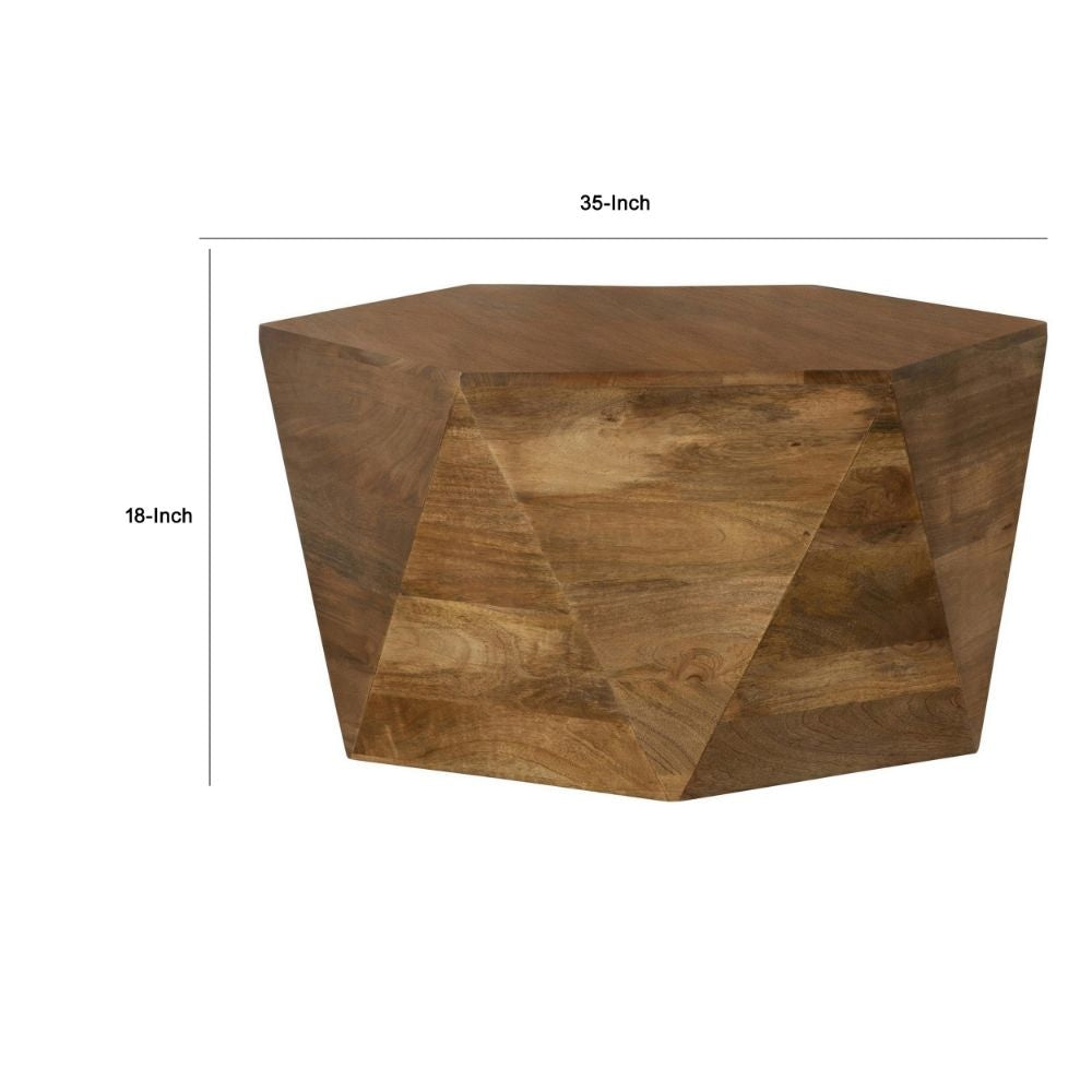 35 Inch Wood Drum Coffee Table Artisan Hexagonal Rich Natural Brown Finish By Casagear Home BM295105
