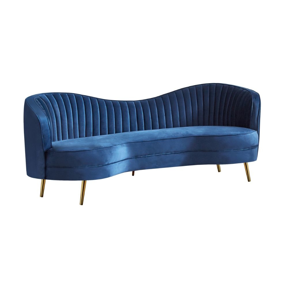 Chad 84 Inch Curved Bean Sofa, Tufted, Camelback, Gold, Royal Blue Velvet By Casagear Home