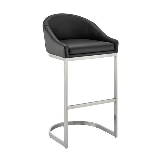Lina 28 Inch Bar Stool Chair, Metal Cantilever Base, Black Faux Leather By Casagear Home