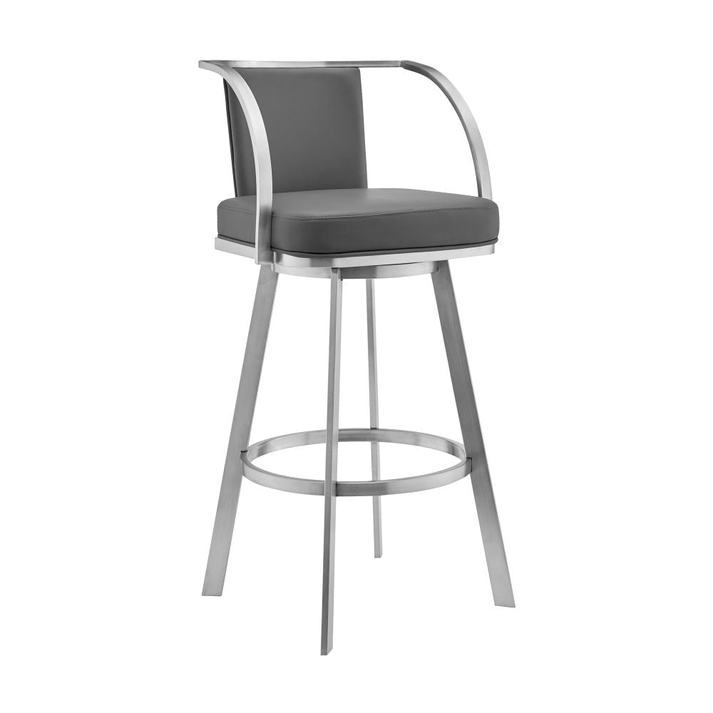 Ovn 26 Inch Swivel Counter Stool, Stainless Steel Frame, Gray Faux Leather By Casagear Home