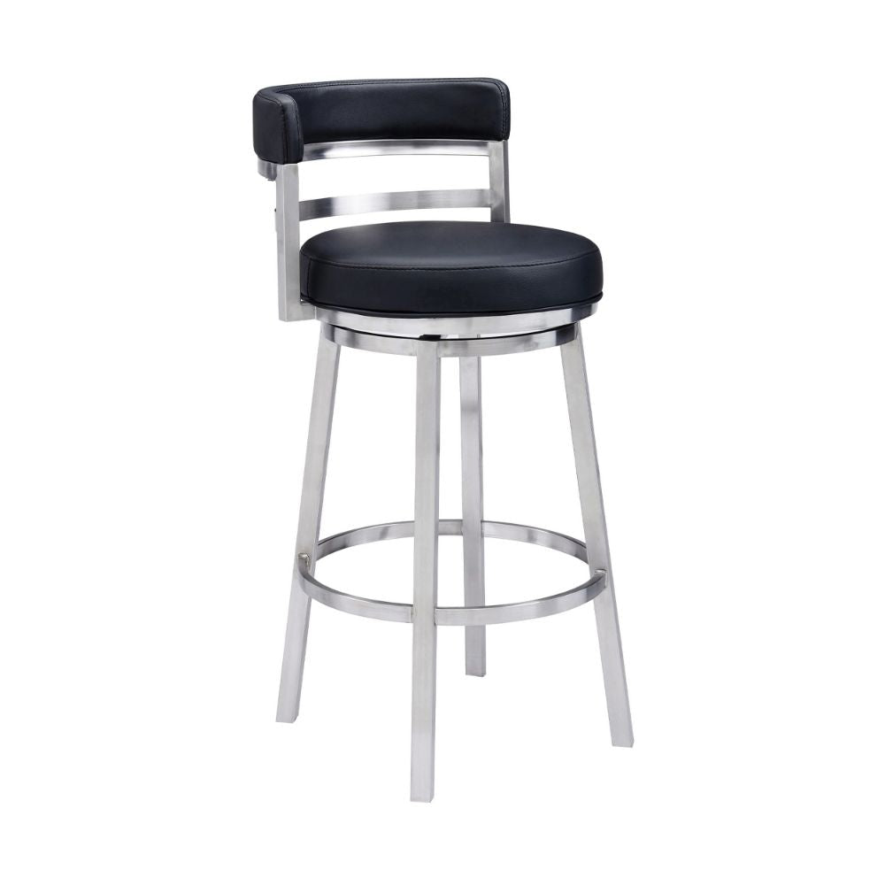 Eva 30 Inch Padded Swivel Bar Stool Chair, Steel Finish, Black Faux Leather By Casagear Home