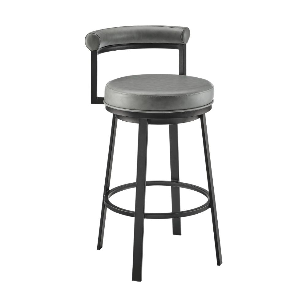Elysha 30 Inch Swivel Bar Stool Chair, Round Cushion, Gray Faux Leather By Casagear Home