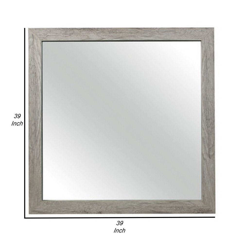 Zane 39 Inch Transitional Mirror Square Wood Frame Weathered Gray Veneer By Casagear Home BM295897