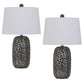 25 Inch Oval Table Lamp, Set of 2, White Fabric Drum Shade, Black, Silver By Casagear Home