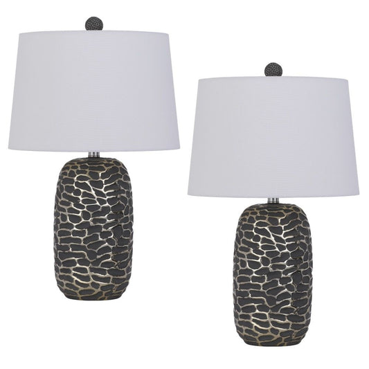 25 Inch Oval Table Lamp, Set of 2, White Fabric Drum Shade, Black, Silver By Casagear Home