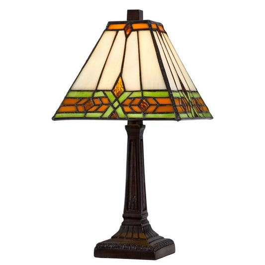 Eli 14 Inch Accent Lamp, Stained Square Tiffany Style Shade, Bronze Frame By Casagear Home