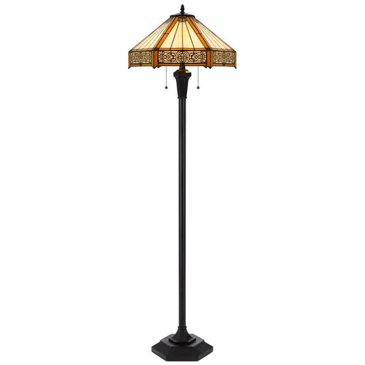 Eli 60 Inch Floor Lamp, Hexagonal Tiffany Style Shade, Dual Light, Bronze By Casagear Home