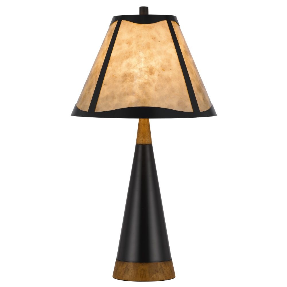 30 Inch 3 Way Table Lamp, Beige Mica Shade, Rubberwood and Black Metal Body By Casagear Home