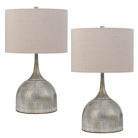 26 Inch Table Lamp, Set of 2, Curved, Beige Fabric Shade, Distressed Gray By Casagear Home