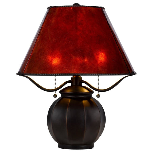 20 Inch Table Lamp, Vintage Red Amber Mica Shade, Upturned Arms, Round Body By Casagear Home