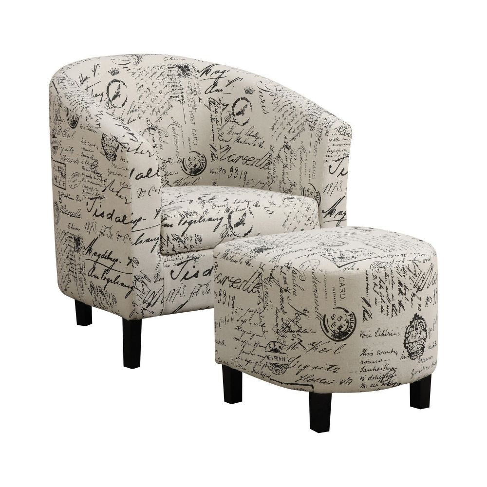 30 Inch Barrel Accent Chair with Half Oval Ottoman, Off White French Script By Casagear Home