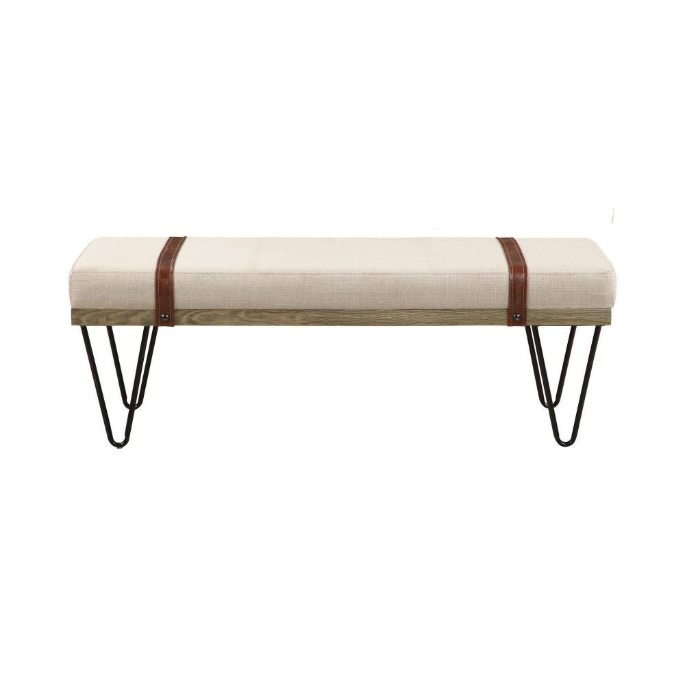 47 Inch Accent Bench Faux Leather Straps Black Hairpin Legs Beige Fabric By Casagear Home BM296087