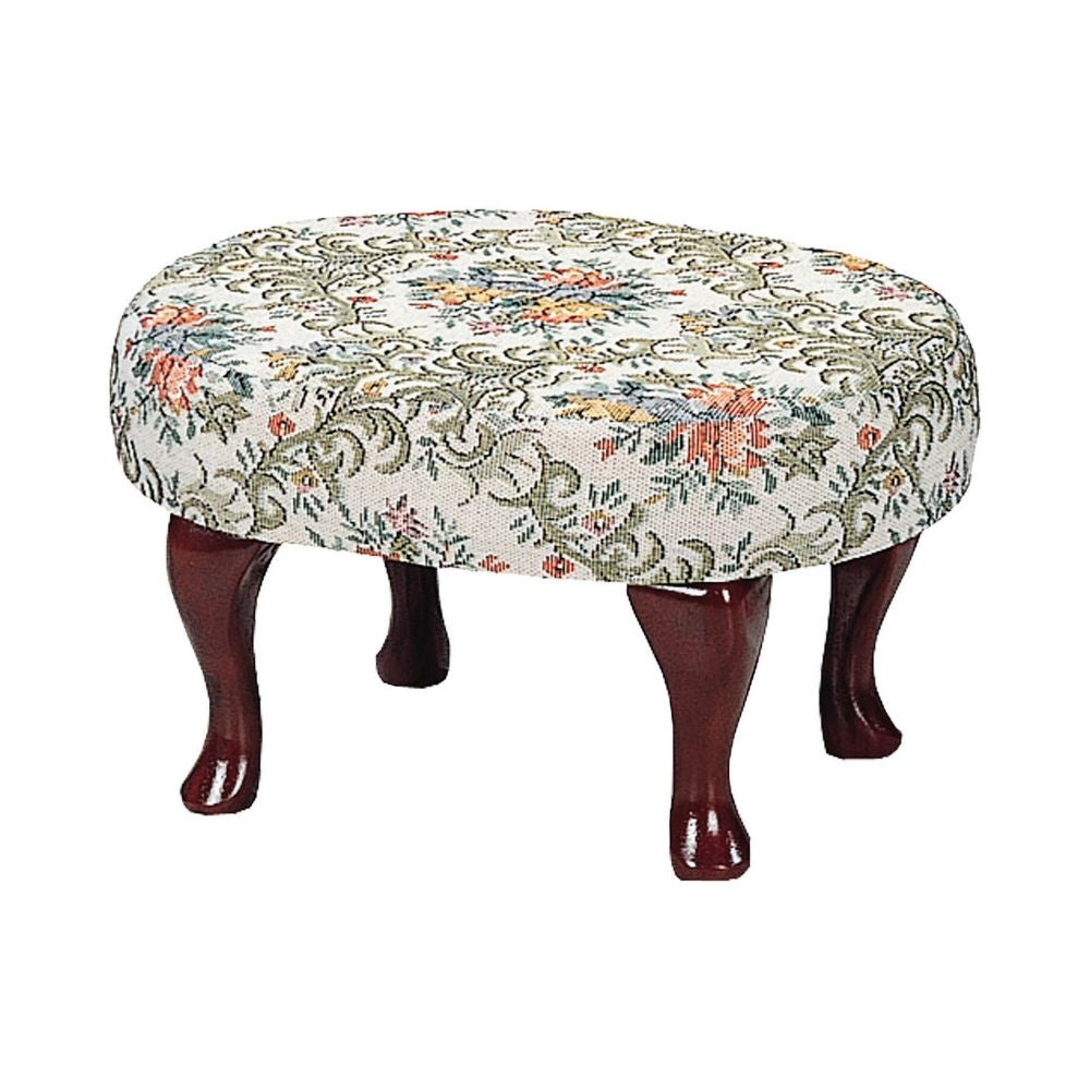16 Inch Vintage Accent Footstool, Floral Motif Fabric, Merlot Cabriole Legs By Casagear Home